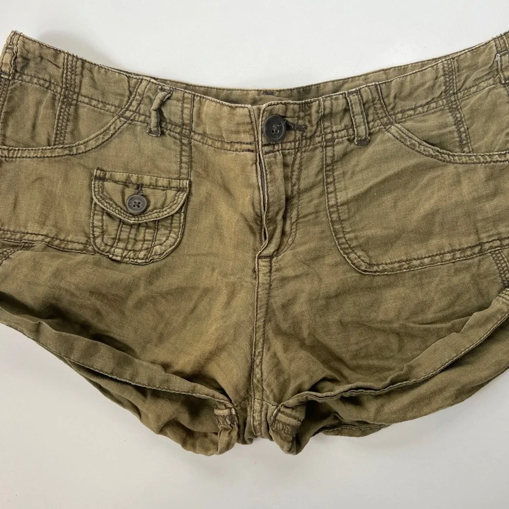 Vintage Y2K Low Rise Micro Mini Shorts Linen Cotton Cargo Green Utility Hipslung
